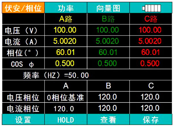 SMG3000手持式三相相位伏安表伏安相位测量界面